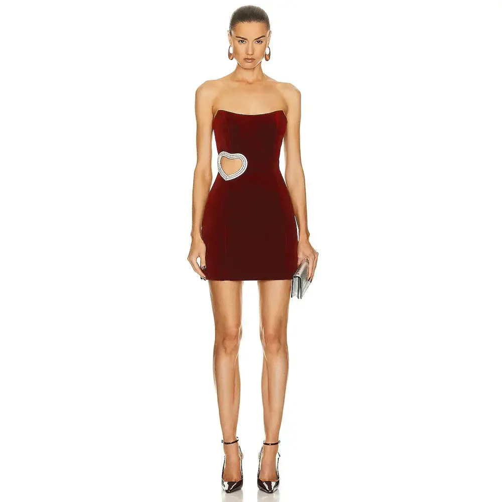 Wine Red Heart Shaped Diamond Tube Top Dress - Womens Elegant Evening Wear