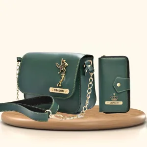 Women's Combo : Premium Lady Wallet & Chained Sling Bag - Olive Green